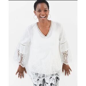 CHICO'S‎ Blouse Embroidered Lace Cutout V-Neck Quarter Sleeve Boho Cottagecore